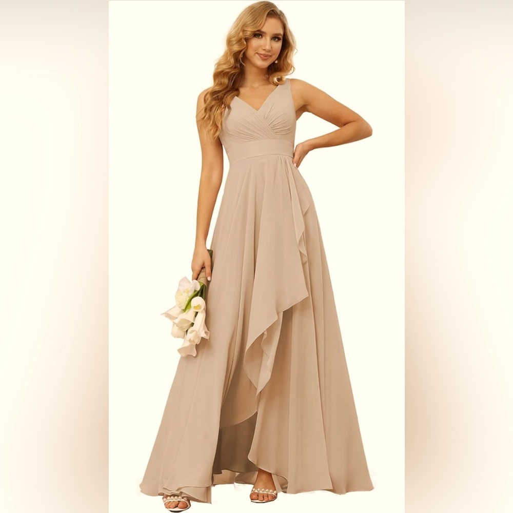 Ruffle Long V Neck Chiffon Formal Bridesmaid Wedding Dress w/Slit -Size 16W Plus